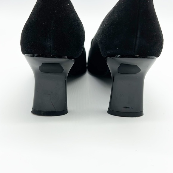 Stuart Weitzman Black Suede Heels Women's 7.5 B Patent Heel Square Toe - Picture 4 of 9